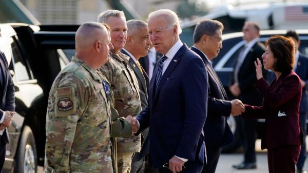 US military perso<em></em>nel greet President Joe Biden as he arrives in Pyeongtaek, South Korea. – AP