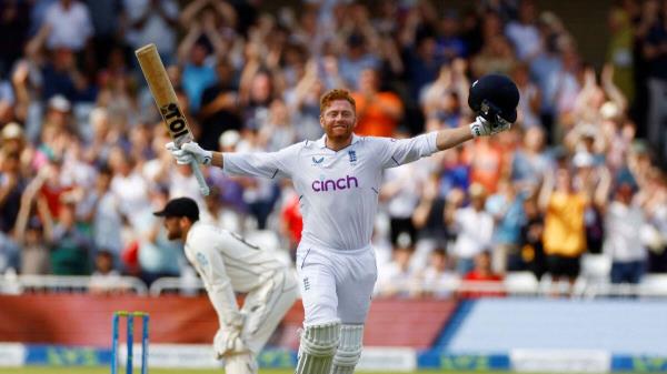 England's Jo<em></em>nny Bairstow celebrates after reaching his century. — Reuters