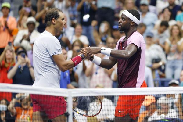 Spain's Rafael Nadal co<em></em>ngratulates Frances Tiafoe (right) of the US after their fourth round match at the US Open. (AFP)